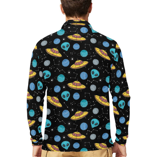 UFO Alien Print Design LKS306 Long Sleeve Polo Shirt For Men's