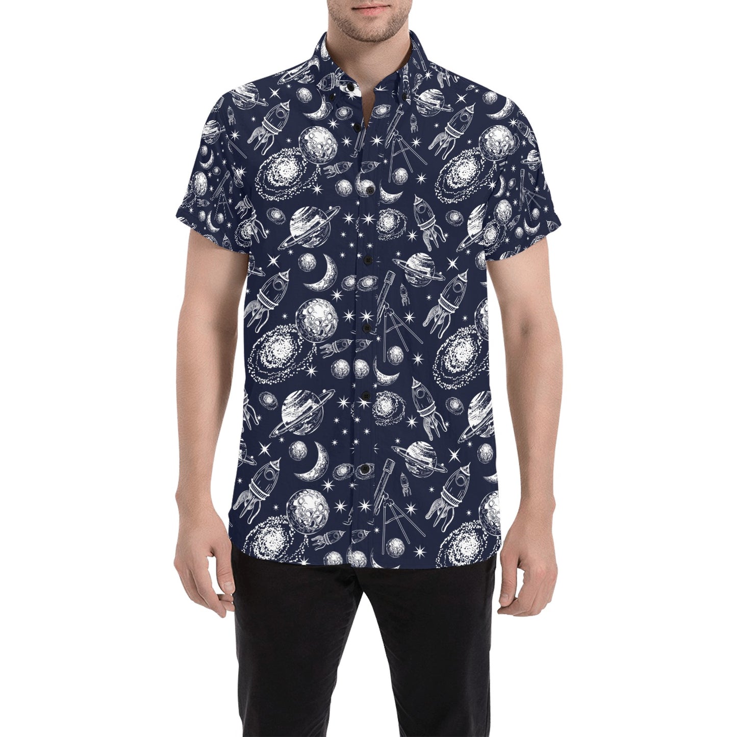 Space Rocket Print Design LKS301 Men Short Sleeve Button Up Shirt