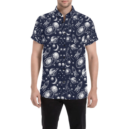 Space Rocket Print Design LKS301 Men Short Sleeve Button Up Shirt