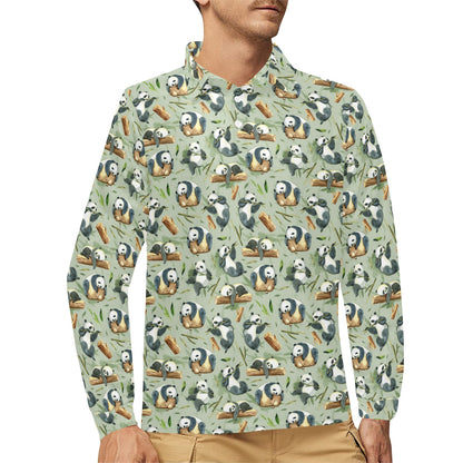 Panda Bear Design Bamboo Print Long Sleeve Polo Shirt For Men's