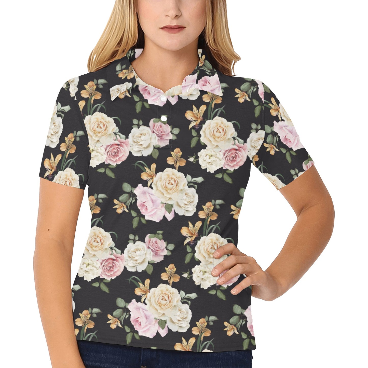 Rose Pattern Print Design A01 Women's Polo Shirt