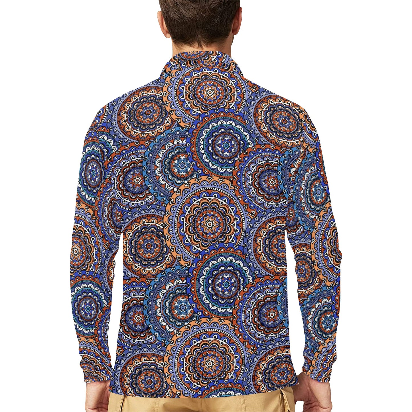 Mandala Boho Chic Design Print Long Sleeve Polo Shirt For Men's