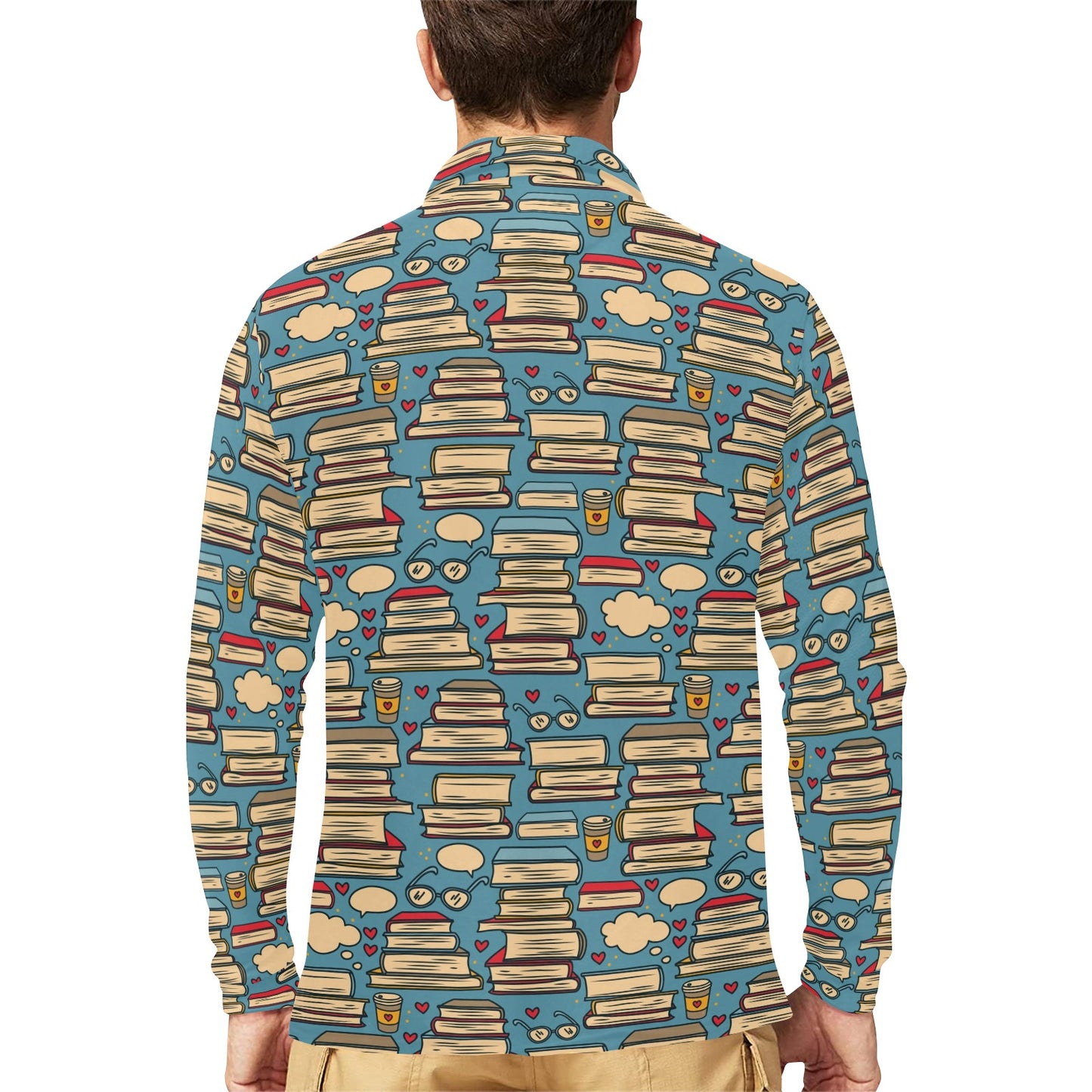 Book Pattern Print Design 03 Long Sleeve Polo Shirt For Men's