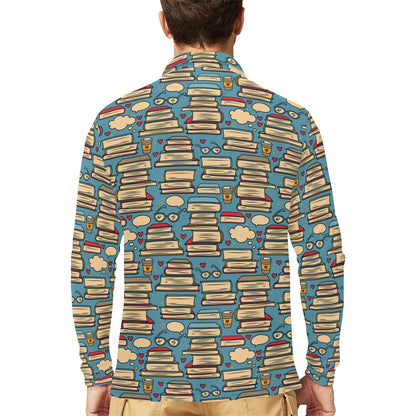 Book Pattern Print Design 03 Long Sleeve Polo Shirt For Men's