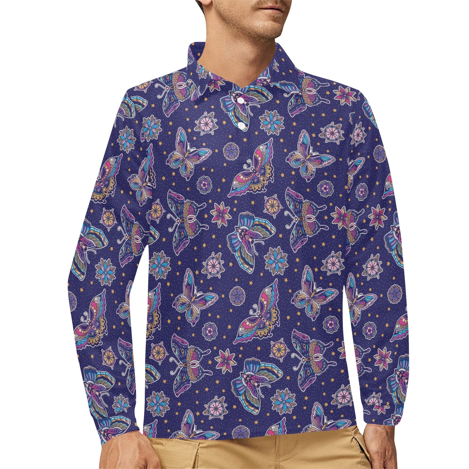 Butterfly Print Design LKS303 Long Sleeve Polo Shirt For Men's