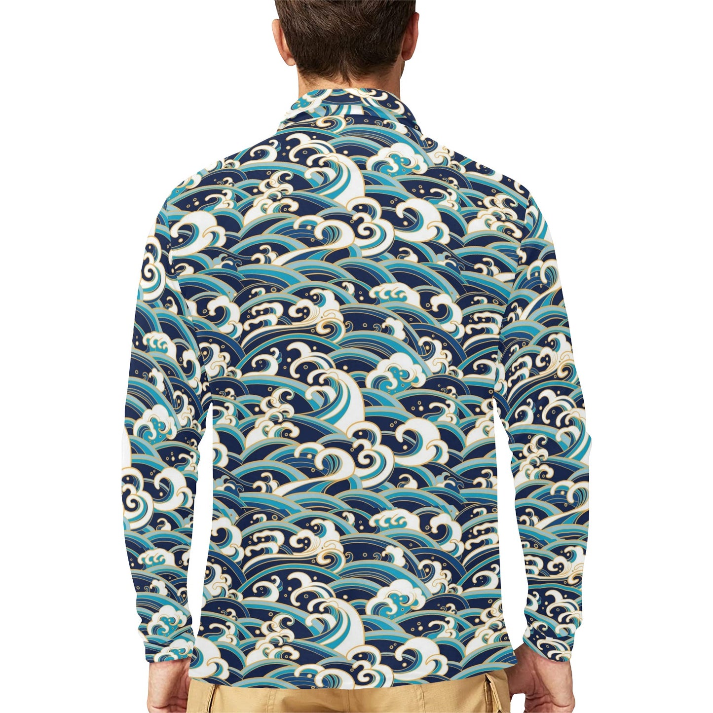 Surf Wave Pattern Long Sleeve Polo Shirt For Men's
