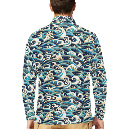 Surf Wave Pattern Long Sleeve Polo Shirt For Men's