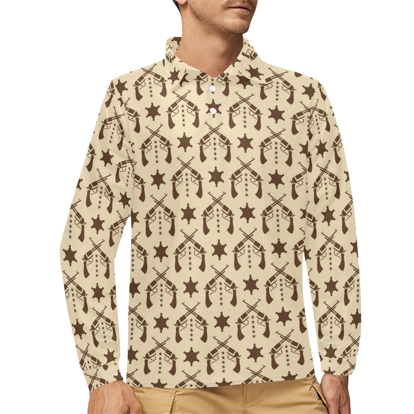Western Cowboy Print Design LKS302 Long Sleeve Polo Shirt For Men's