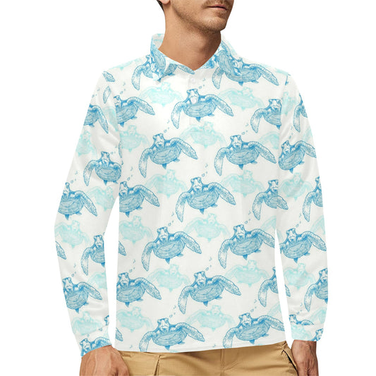 Sea Turtle Pattern Print Design T01 Long Sleeve Polo Shirt For Men's