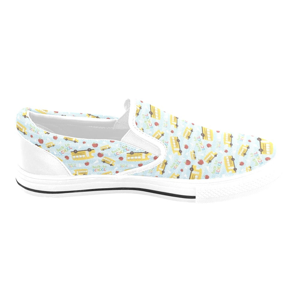 School Bus Back To School Print Design LKS303 White Slip Ons Canvas Women's Shoes