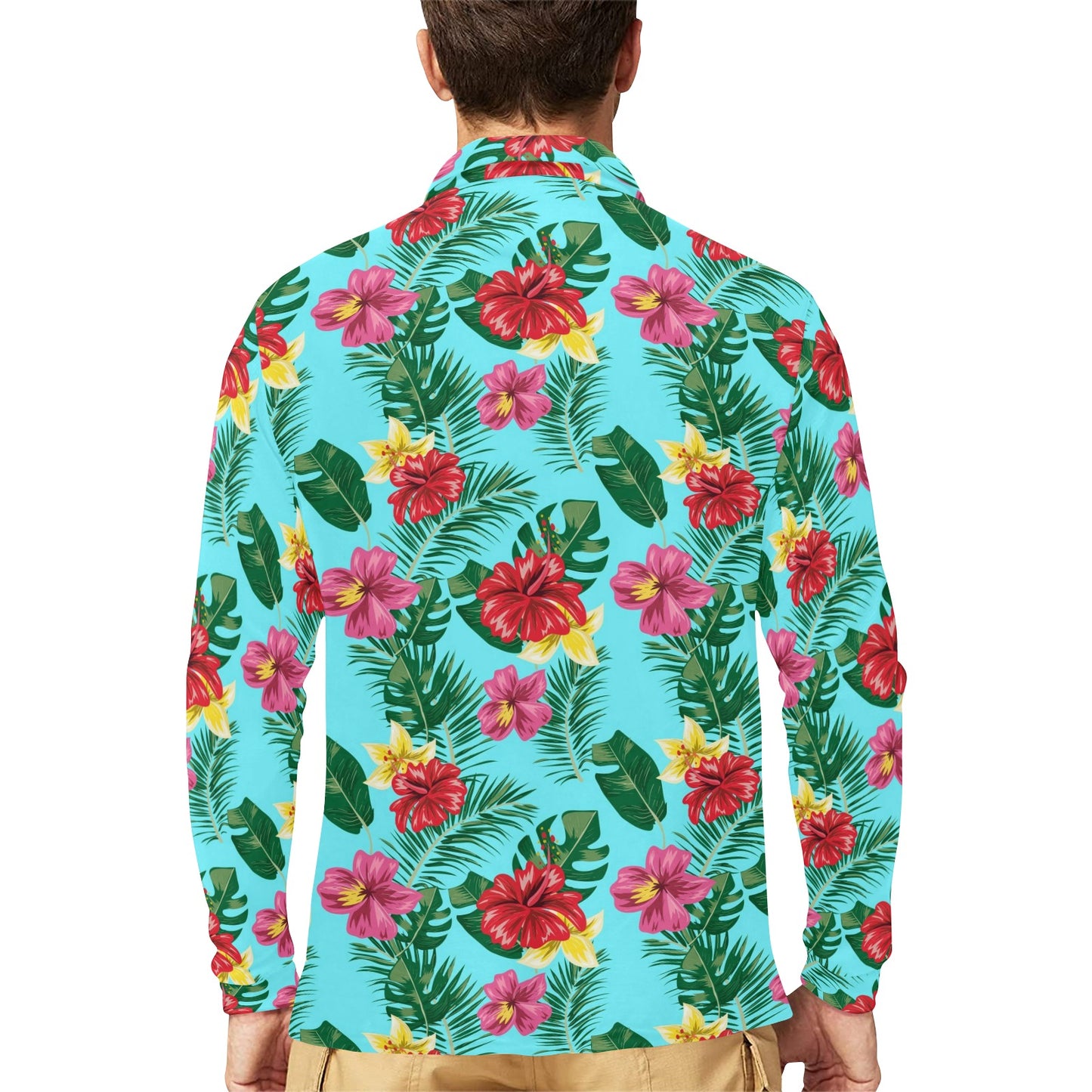 Hibiscus Hawaiian Flower Long Sleeve Polo Shirt For Men's