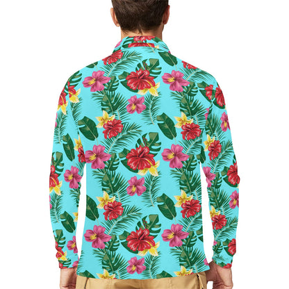 Hibiscus Hawaiian Flower Long Sleeve Polo Shirt For Men's