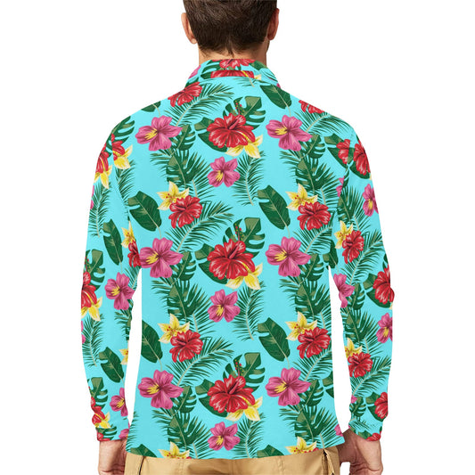 Hibiscus Hawaiian Flower Long Sleeve Polo Shirt For Men's