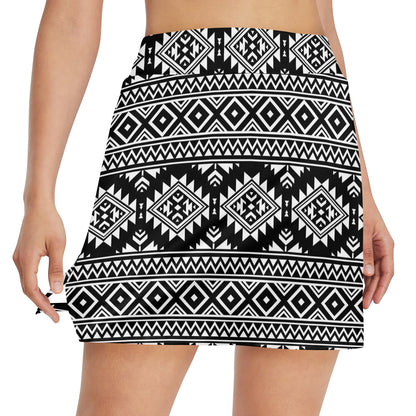 Aztec Black White Print Pattern 17" Golf & Pickleball Skort with Pockets