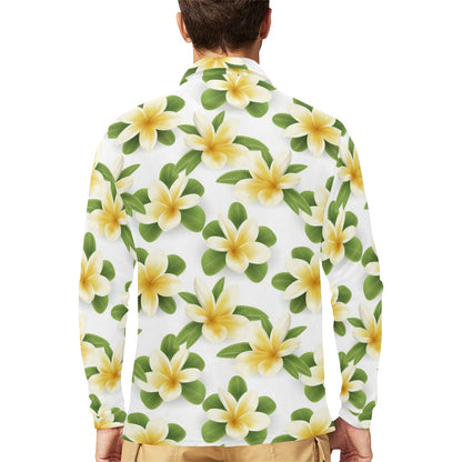 Yellow Plumeria Pattern Print Design PM012 Long Sleeve Polo Shirt For Men's