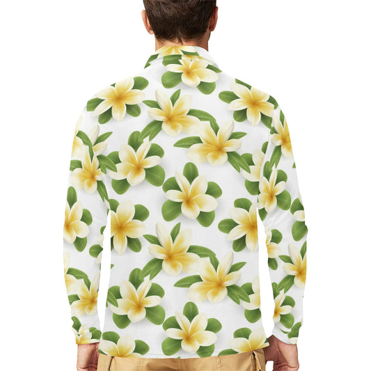 Yellow Plumeria Pattern Print Design PM012 Long Sleeve Polo Shirt For Men's