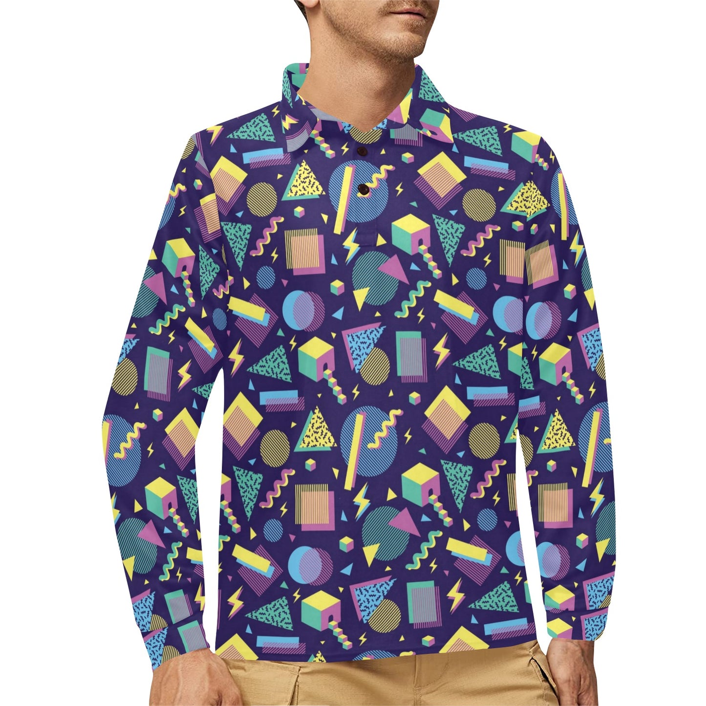 Geometric Print Design LKS401 Long Sleeve Polo Shirt For Men's