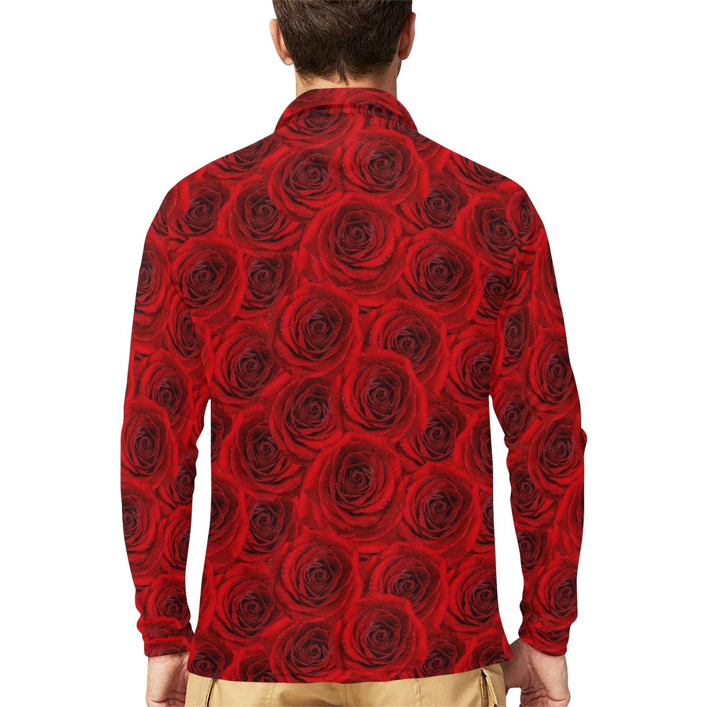Rose Red Pattern Print Design RO04 Long Sleeve Polo Shirt For Men's