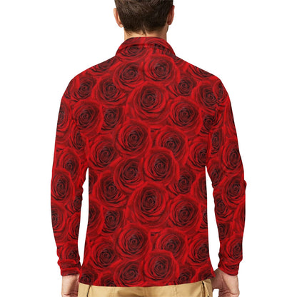 Rose Red Pattern Print Design RO04 Long Sleeve Polo Shirt For Men's