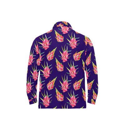 Dragonfruit Pattern Print Design DF02 Long Sleeve Polo Shirt For Men's