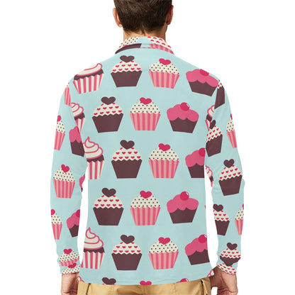 CupCake Print Pattern Long Sleeve Polo Shirt For Men's