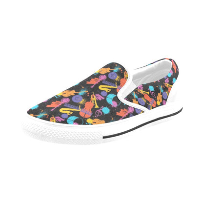 Saxophone Print Design LKS406 White Slip Ons Canvas Women's Shoes