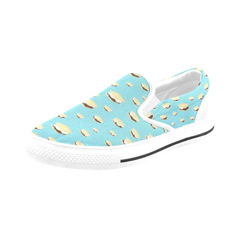 S_Mores Print Design LKS302 White Slip Ons Canvas Women's Shoes
