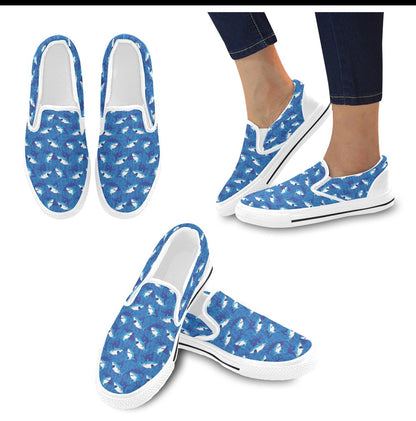 Shark Print Design LKS308 White Slip Ons Canvas Women's Shoes