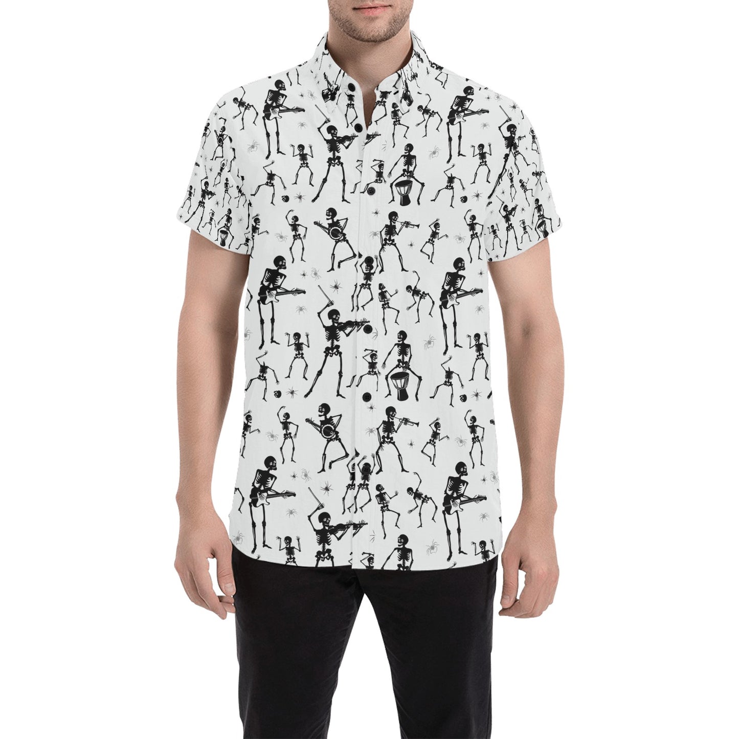 Skeleton Music Player Print Design LKS303 Men Short Sleeve Button Up Shirt