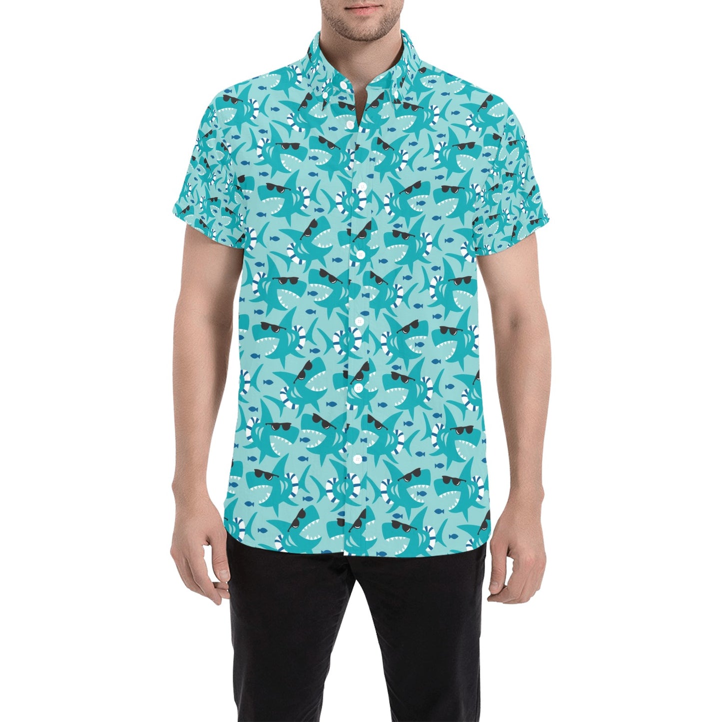 Shark Cute Print Design LKS302 Men Short Sleeve Button Up Shirt