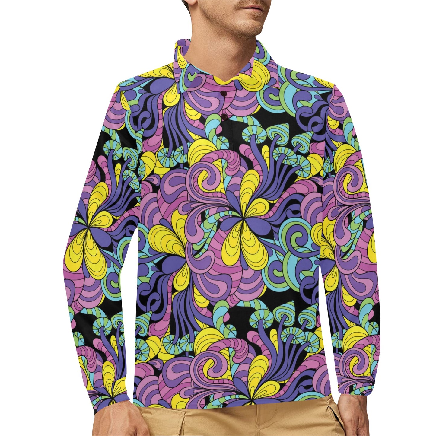 Psychedelic Pattern Print Design A04 Long Sleeve Polo Shirt For Men's