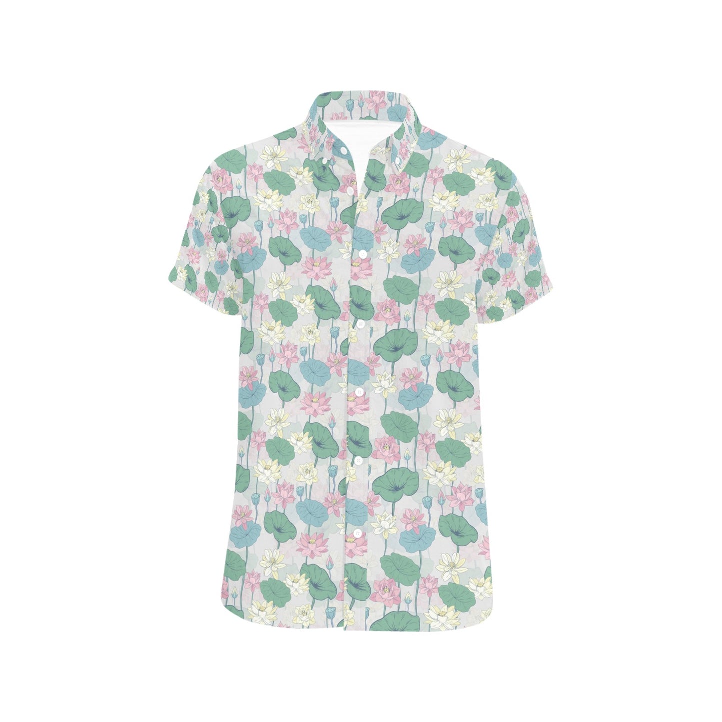 Water Lily Print Design LKS305 Men Short Sleeve Button Up Shirt