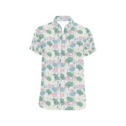 Water Lily Print Design LKS305 Men Short Sleeve Button Up Shirt