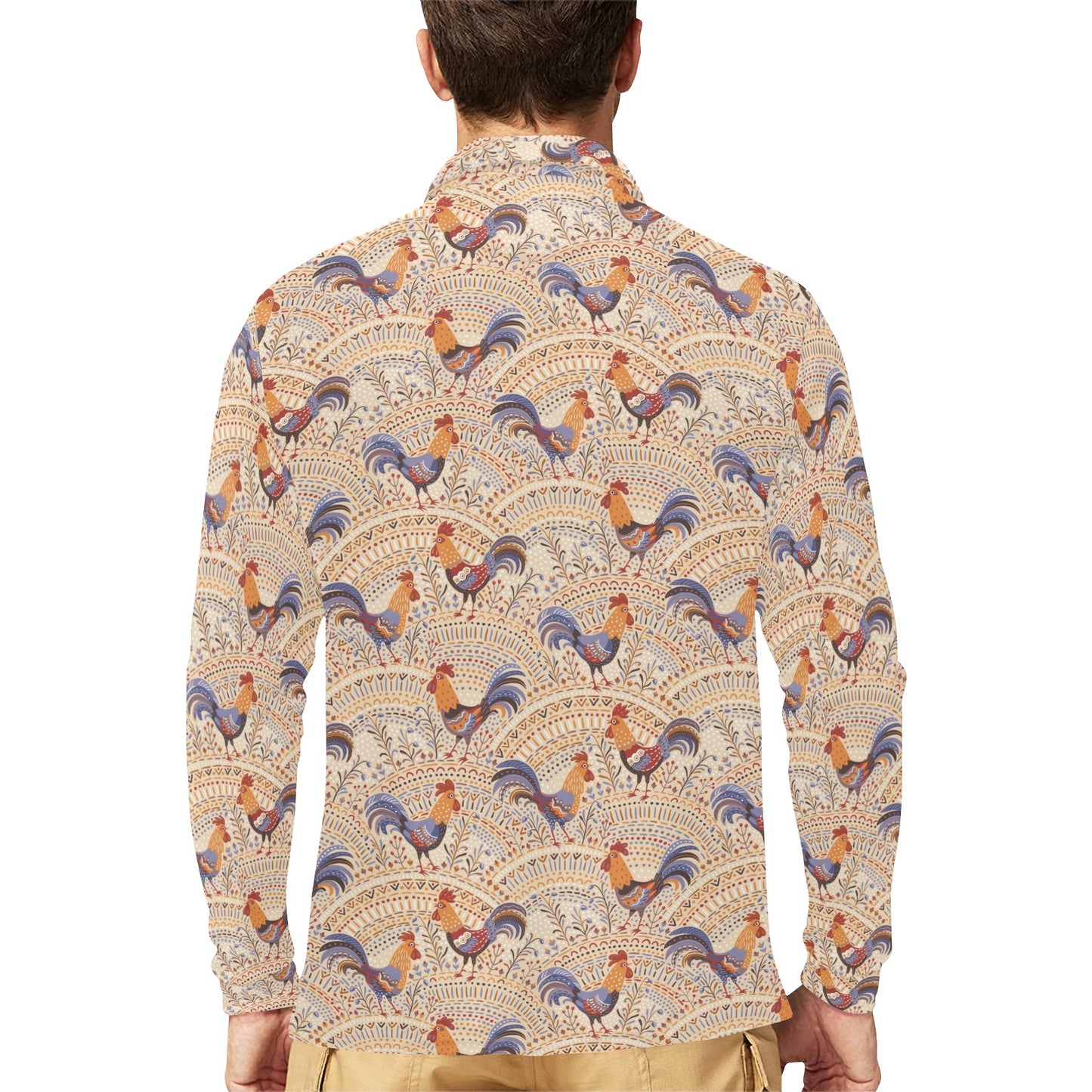 Chicken Boho Style Pattern Long Sleeve Polo Shirt For Men's