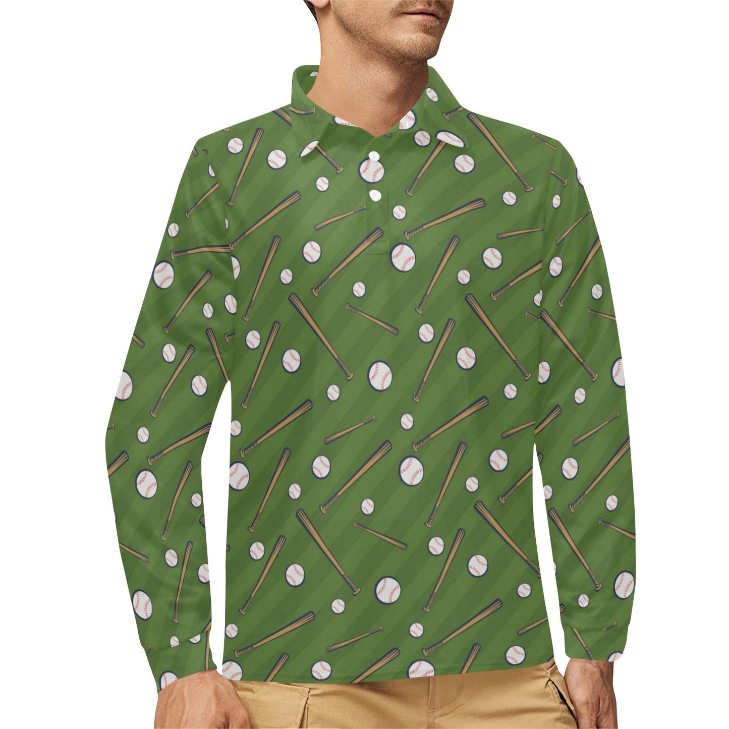 Baseball Pattern Print Design 02 Long Sleeve Polo Shirt For Men's