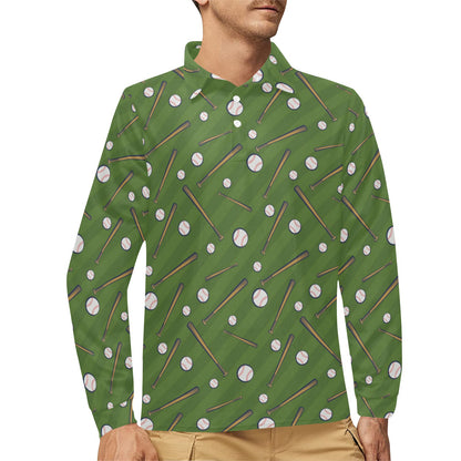 Baseball Pattern Print Design 02 Long Sleeve Polo Shirt For Men's