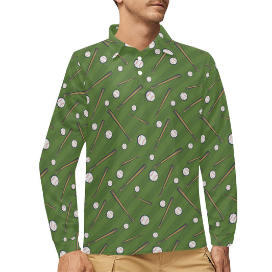 Baseball Pattern Print Design 02 Long Sleeve Polo Shirt For Men's