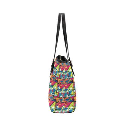 Dinosaur Comic Pop Art Style Leather Tote Bag