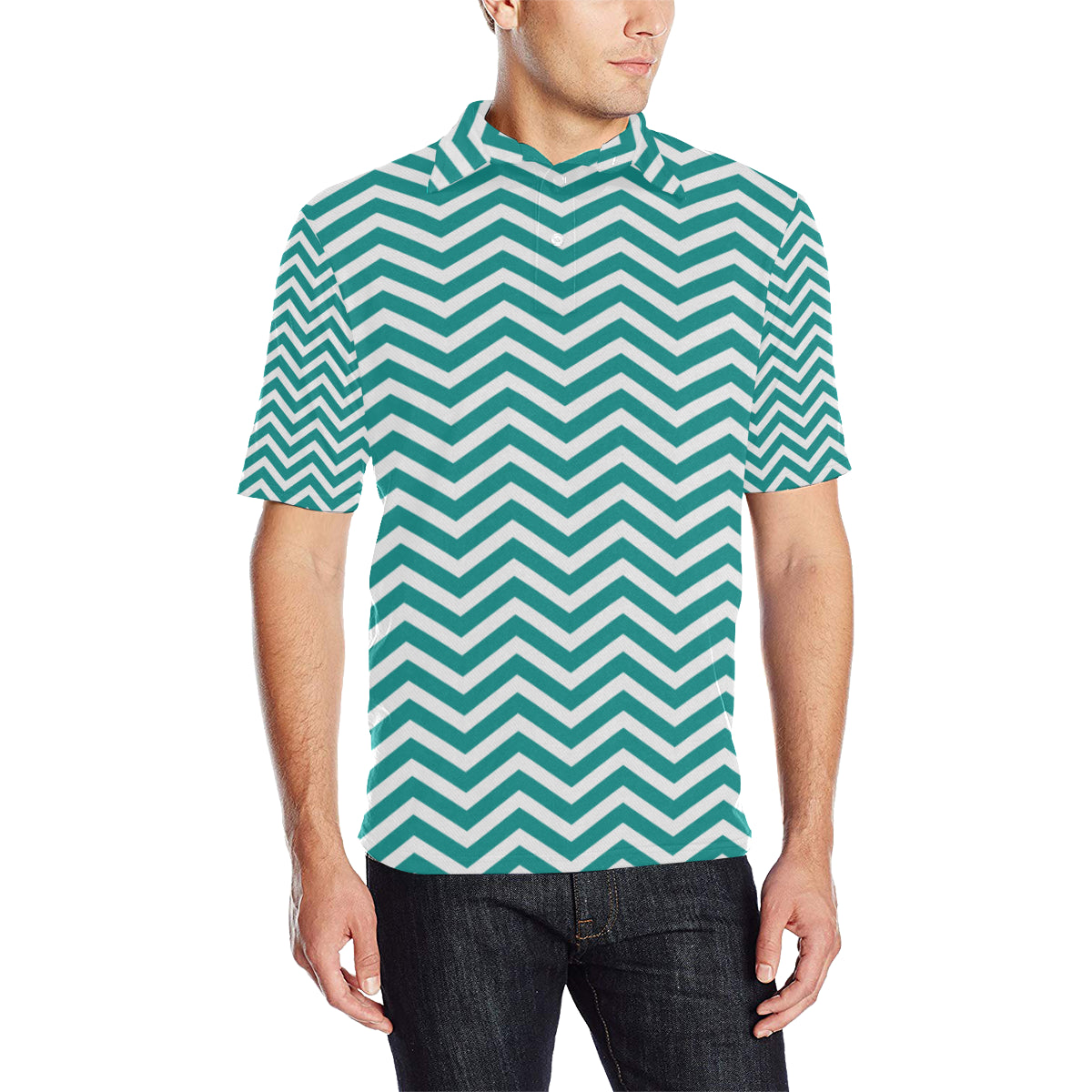 Chevron Teal Pattern Print Design 02 Men Polo Shirt