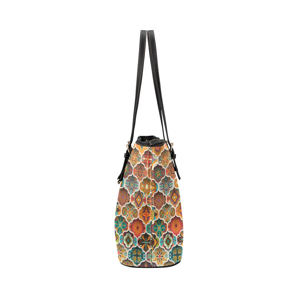 Mandala Mosaic Themed Design Print Leather Tote Bag