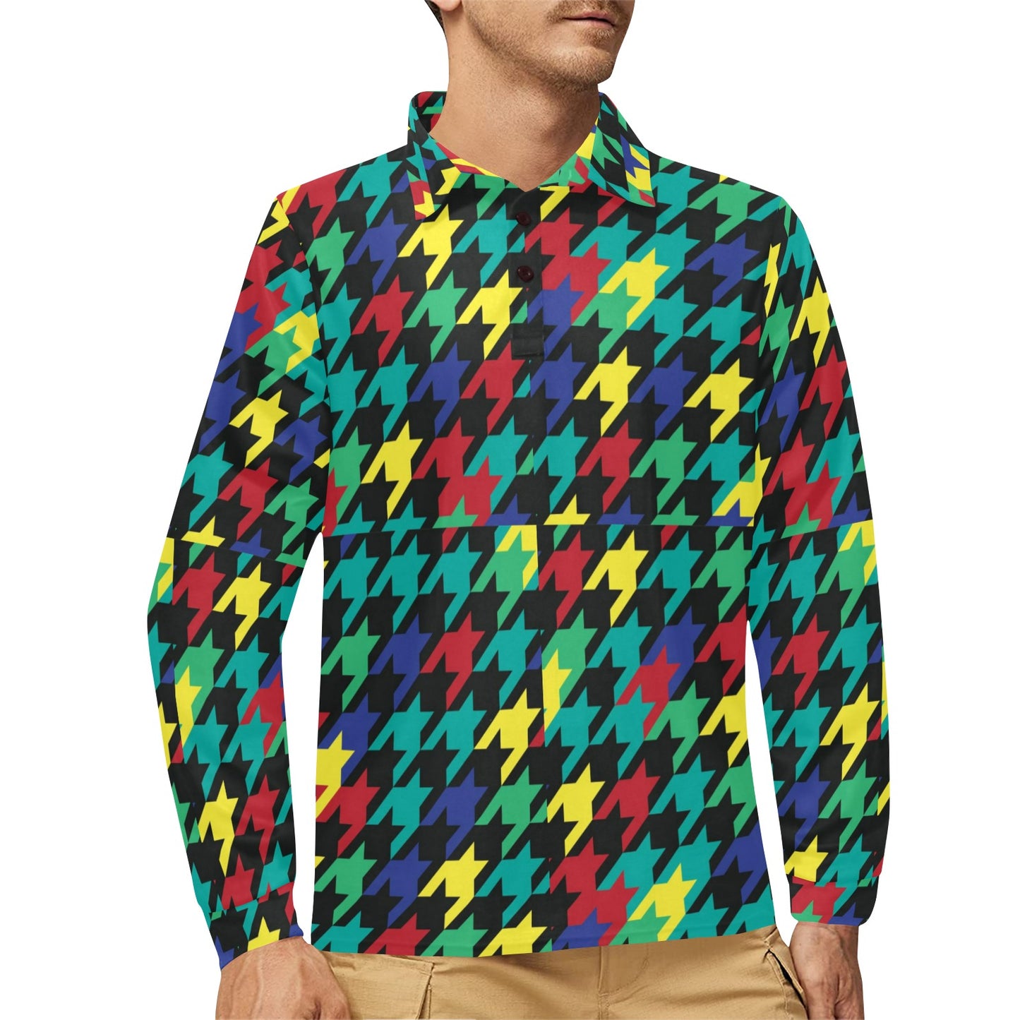 Houndstooth Colorful Pattern Print Design 02 Long Sleeve Polo Shirt For Men's