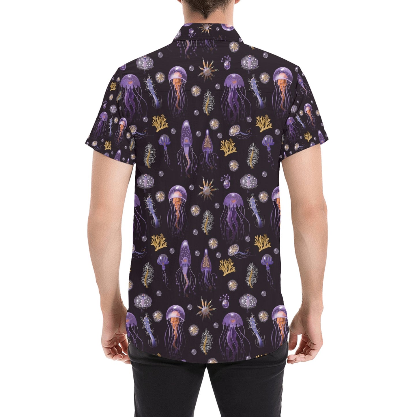 Seaweed With Jelly Fish Print Design LKS305 Men Short Sleeve Button Up Shirt