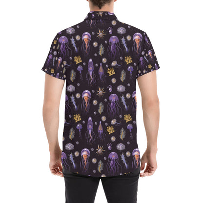 Seaweed With Jelly Fish Print Design LKS305 Men Short Sleeve Button Up Shirt