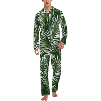 White Green Tropical Palm Leaves Men's Long Pajama Set