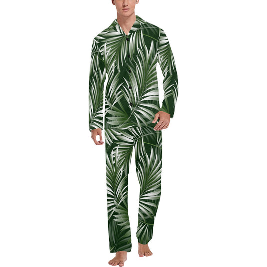White Green Tropical Palm Leaves Men's Long Pajama Set