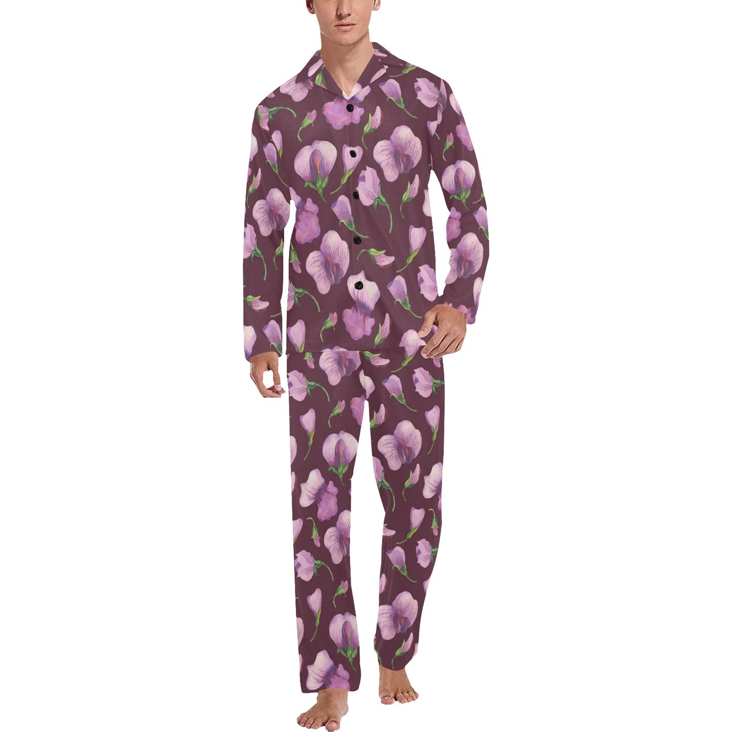 Peony Pattern Print Design PE010 Men's Long Pajama Set