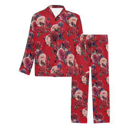 Rose Red Pattern Print Design RO07 Men's Long Pajama Set