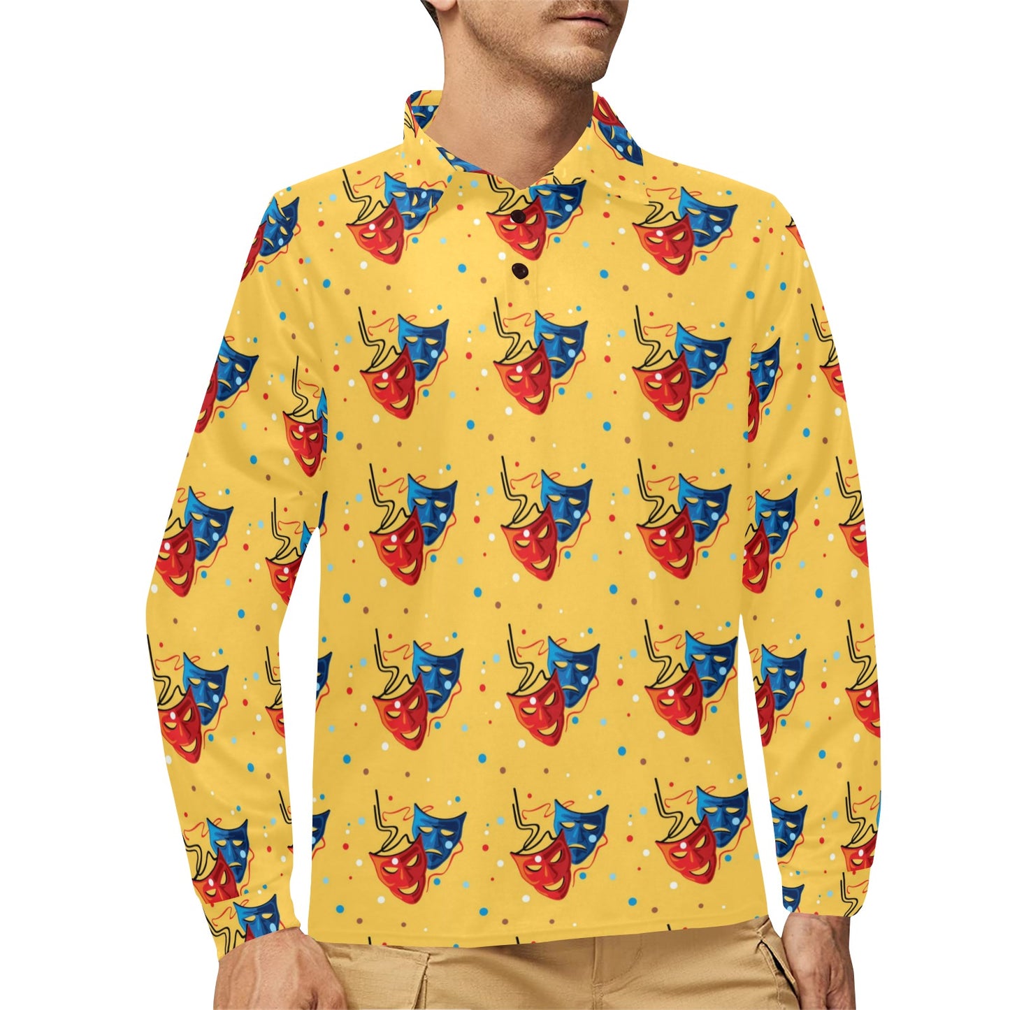 Acting Mask Pattern Print Design 02 Long Sleeve Polo Shirt For Men's
