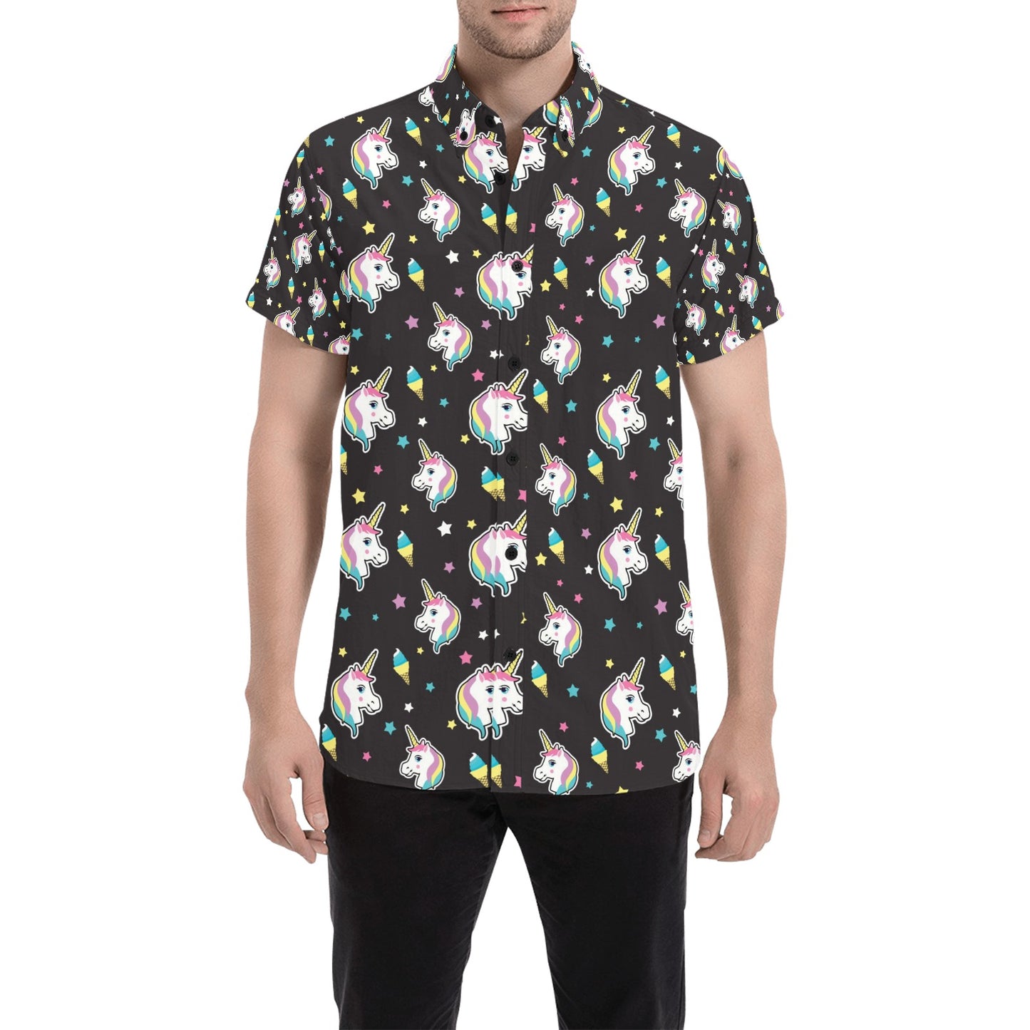 Unicorn Print Design LKS302 Men Short Sleeve Button Up Shirt