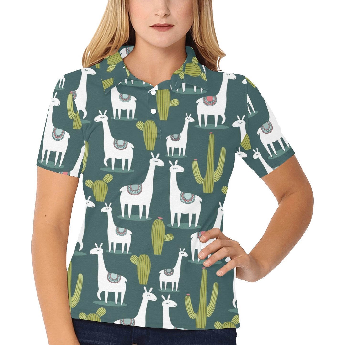 Llama Aztec Style Pattern Print Design 01 Women's Polo Shirt